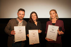 Kategorie "Gesellschaft": Nik Hartmann, "TV SRF" (Platz 3), Sarah Jäggi, "Die Zeit" (Platz 2) und Michéle Binswanger, "Tages-Anzeiger" (Platz 1)