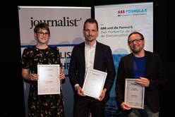 Nadja Rohrer (3.Platz), Jonas Projer (1.Platz) und Kurt Pelda (2.Platz) der Kategorie "Journalisten des Jahres""